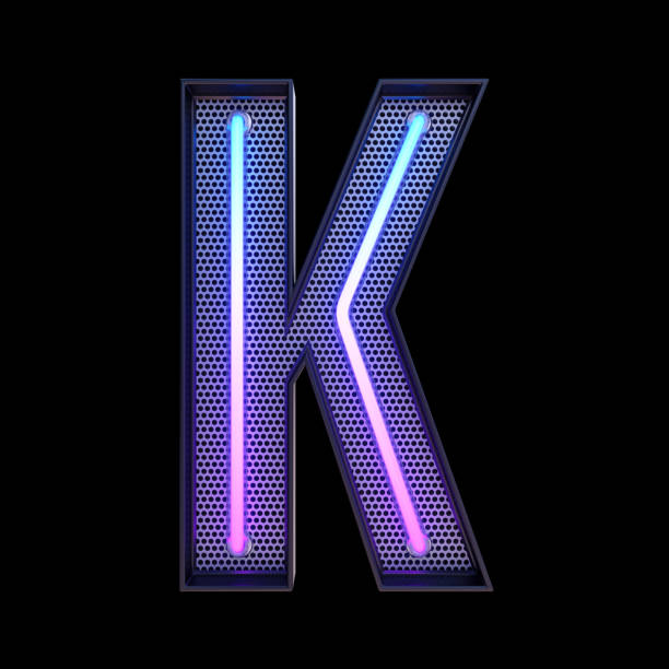 Neon retro Light Alphabet letter K isolated on a black background with Clipping Path. 3d illustration.