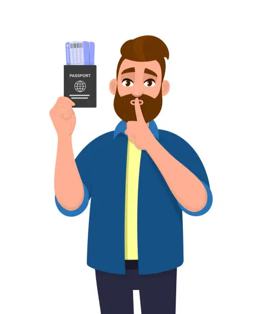 Vector illustration of Young hipster man showing passport tickets and gesturing finger on lips. Bearded person holding boarding pass and asking silence please. Keep quiet. Sh! Cartoon illustration design in vector style.