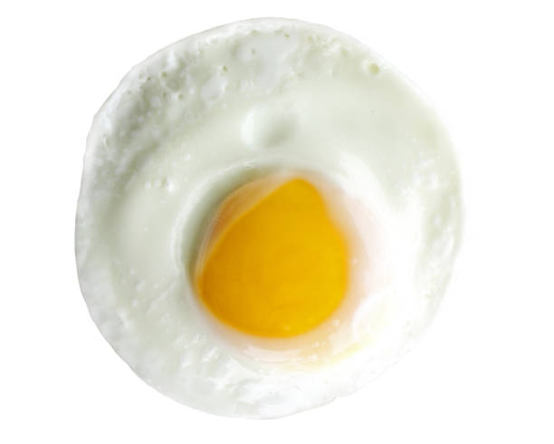 istock Single egg, sunny side up, isolated on white, perfect yolk in center. 1352466028