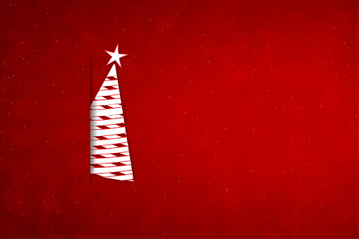 A vector illustration of a white christmas tree in the middle of a red background peeping out like a teaser giving a tease. Apt for Xmas, Christmas, New Year Day New year's eve, holidays, vacations, theme backgrounds, greeting cards, posters, banners and backdrop. The tree is being inserted into a vertical opening or cut on the sheet, looks like an envelope. Only half of the tree is visible, the rest is hidden or concealed. The  tree has a wicker like pattern.