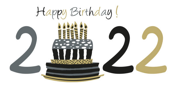 Birthday card for 2022, showing the stylized illustration of a birthday cake. Greeting card 2022 presenting the stylized design of a cake with seven candles, to celebrate a birthday. anniversaire stock illustrations