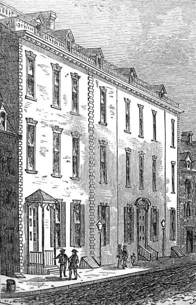 istock Antique illustration - Harper's Magazine - large three story building - row how - front steps 1352467659