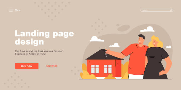 Young couple buying new house Young couple buying new house. Happy woman and man standing in front of house. Male character holding keys. real estate for banner, website design or landing web page new home stock illustrations