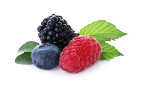 istock Different ripe tasty berries with green leaves on white background 1352469580