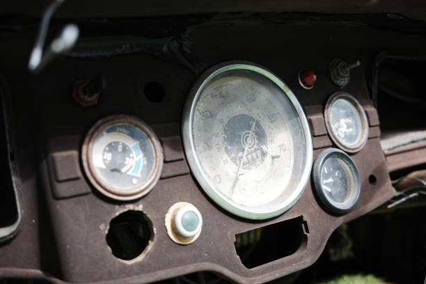 istock Close focus on old car mile gauge on vintage dashboard. 1352470348
