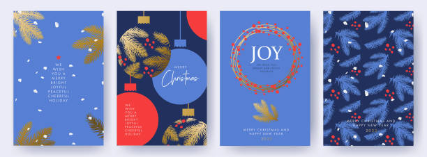 Merry Christmas and Happy New Year Set of greeting cards, posters, holiday covers. Elegant Xmas design in blue, red and gold colors Merry Christmas and Happy New Year Set of greeting cards, posters, holiday covers. Elegant Xmas design in blue, red and gold colors with hand drawn fir branches, Christmas balls and brush painted snow modern holiday card stock illustrations