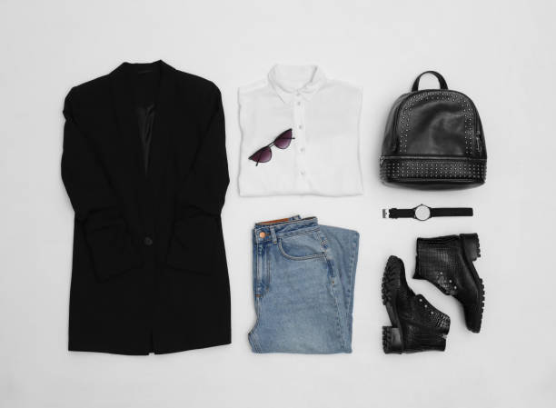 istock Set with ankle boots, stylish clothes and accessories on white background, top view 1352471642