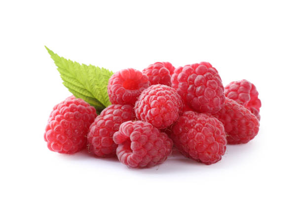 istock Fresh ripe raspberries with leaf isolated on white 1352472032