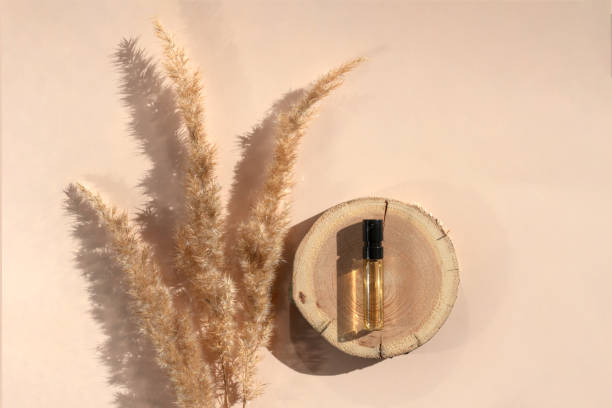 istock Perfume tester with transparent liquid on a woodcut with pampas grass on beige background 1352472237