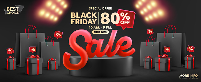 Black Friday banner with spotlight and Sale text over on product podium.Black gift box and shopping bag on black background.Black friday day sales banner template design for social media and website