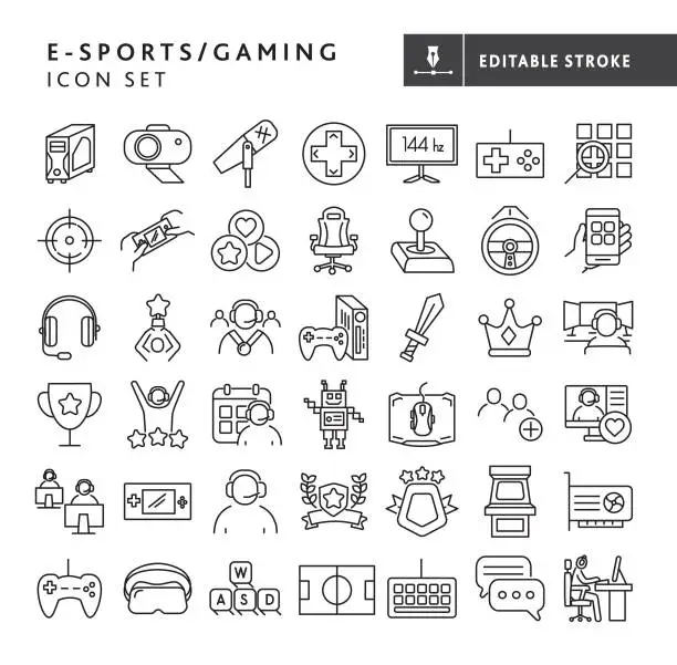 Vector illustration of E-sports and gaming, gaming equipment, games, online streamers, winning big thin line Icon set - editable stroke