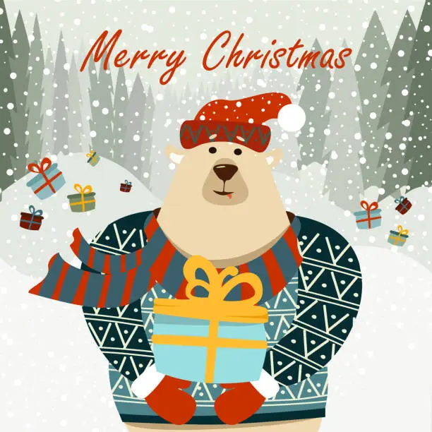 Vector illustration of Christmas illustration with cute bear and winter landscape