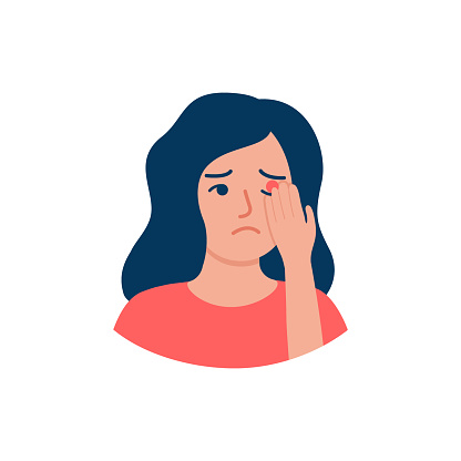 Eye pain of woman, hurt vision. Vision problem. Girl holds on to eye. Painful sensations. Contacting an optometrist for help. Vector illustration