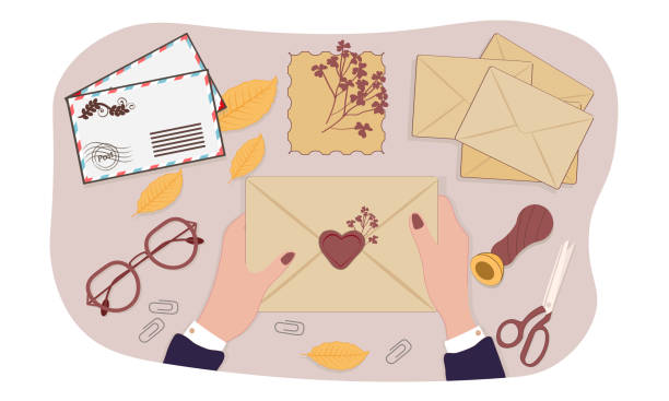 Set of postcards Set of postcards. Man cleaning up table. Character prepares letters for sending. Love correspondence, old style. Office clerk, promotional offers, mail, glasses. Cartoon flat vector illustration mail clerk stock illustrations