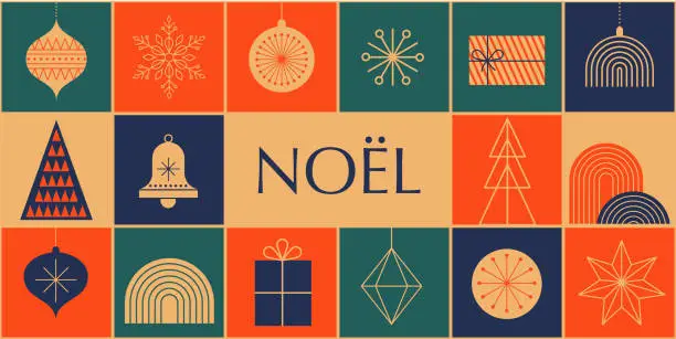 Vector illustration of Simple Christmas background, elegant geometric minimalist style. Happy new year banner. Snowflakes, decorations and Xmas trees elements. Retro clean concept design