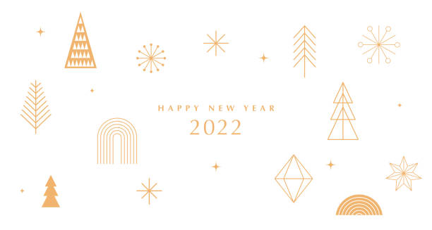 Simple Christmas background, elegant geometric minimalist style. Happy new year banner. Snowflakes, decorations and Xmas trees elements. Retro clean concept design vector art illustration
