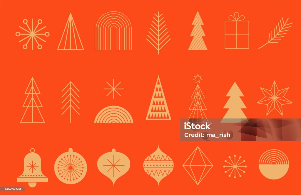 간단한 크리스마스 배경, 황금 기하학적 미니멀 리스트와 아이콘. 새해 복 많은 배너. Xmas 나무, 눈송이, 장  식 요소. 레트로 클린 컨셉 디자인 - 로열티 프리 크리스마스 벡터 아트