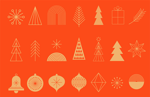 Simple Christmas background, golden geometric minimalist elements and icons. Happy new year banner. Xmas tree, snowflakes, decorations elements. Retro clean concept design. Vector illustration