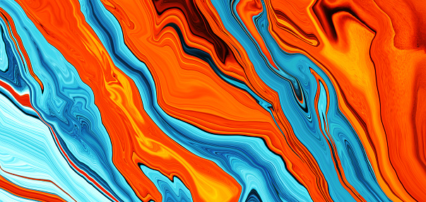 Abstract orange fluid texture background with blue water waves. Alcohol ink color gradient. Trendy Art flyer. Luxury poster. Swirling paint effect. Wallpaper design. Backdrop. Earthy tones. Energy.