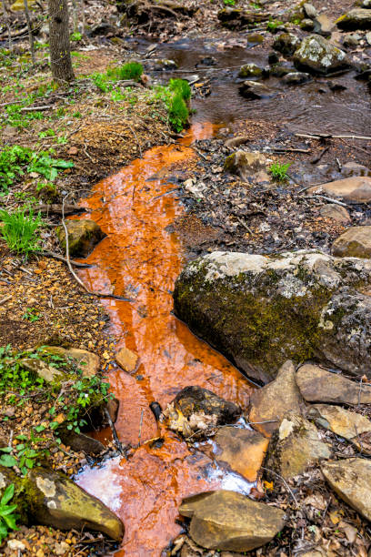 shamokin springs natureza preservar trilha de caminhada em wintergreen ski resort cidade cidade com sedimento vermelho argila rocha pequeno riacho fluindo na virgínia na primavera - blue ridge mountains stream forest waterfall - fotografias e filmes do acervo