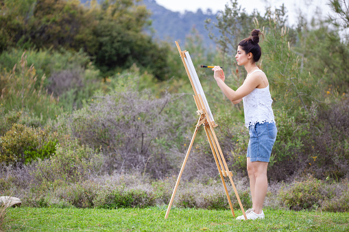 Young beautiful woman painting landscape in open air.