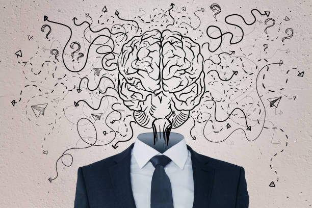 istock Abstract businessman with brain head on concrete wall background with arrows and thought icons sketch. Solution, direction, success and brainstorm concept. 1352480870