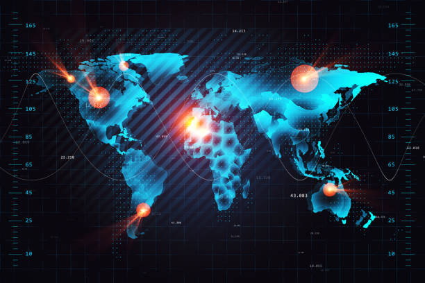 istock Abstract glowing map hologram on dark background. Technology, future and planet concept. 3D Rendering. 1352481181