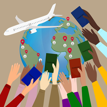 People moving to another country, hands that differ in skin color, stretched out to the plane with passports against the background of the Earth, emigration, travel. Vector illustration