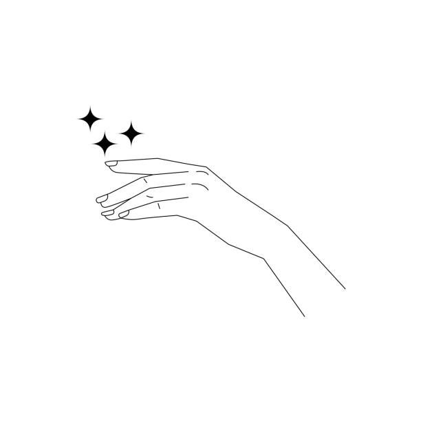Womans hand and stars. Mystical boho icon Womans hand and stars. Mystical boho icon. Thin line illustration in bohemian style. Witchcraft symbol dream believe tattoo stock illustrations