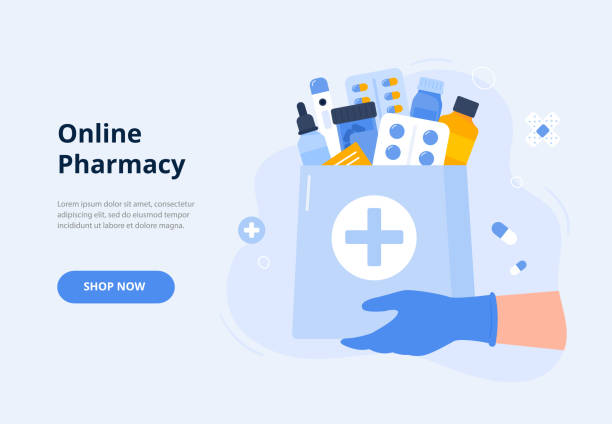 illustrazioni stock, clip art, cartoni animati e icone di tendenza di borsa con pillole, farmaci da prescrizione e antibiotici. farmacia online, consegna farmaci, ordine di farmaci da prescrizione. illustrazione vettoriale piatta per banner, landing page. - pharmacy pill bottle container