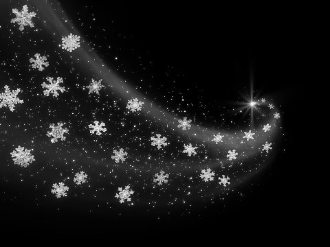 Real snowflakes macro photography composition  - Glittering snowflakes whirlwind on black background
