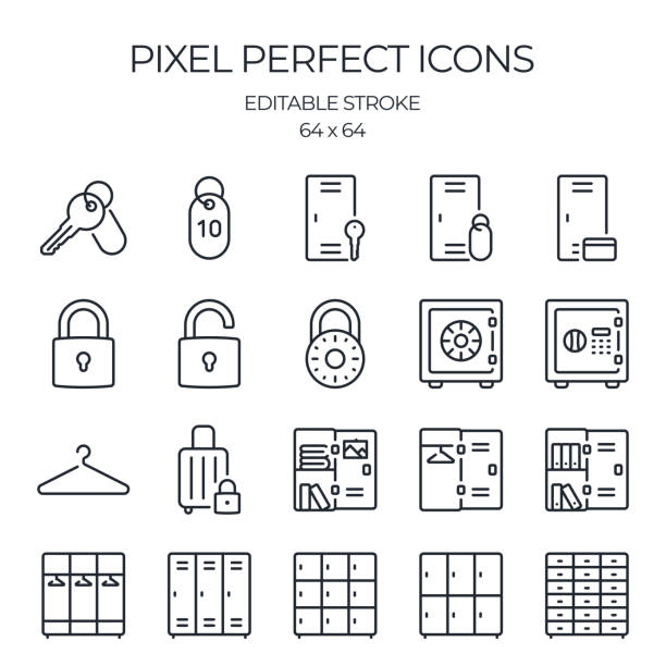 Storage related editable stroke outline icons set isolated on white background flat vector illustration. Pixel perfect. 64 x 64. Storage related editable stroke outline icons set isolated on white background flat vector illustration. Pixel perfect. 64 x 64. clothes hanger storage stock illustrations