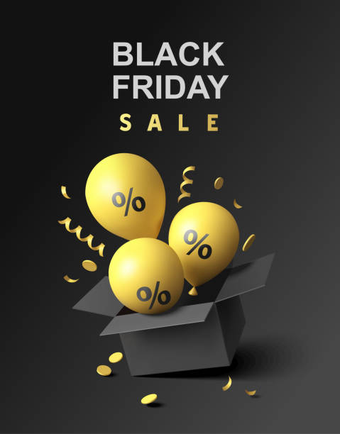 Black friday sale design template. Open black gift box with yellow balloons, confetti and ribbons. vector art illustration