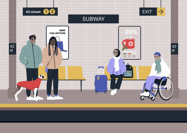 пассажиры метро ждут на платформе, зимний сезон, объявления и вывески - people winter urban scene chair stock illustrations