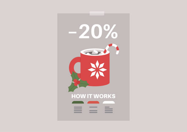 ilustrações, clipart, desenhos animados e ícones de um banner promocional, oferta de natal, uma caneca de chocolate quente com marshmallows, e uma bengala doce - hot chocolate