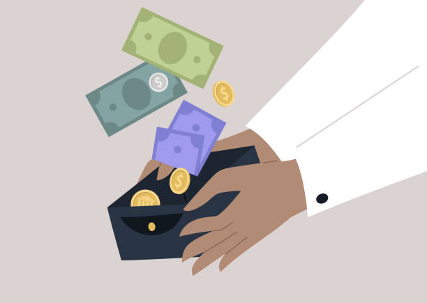 Money rain, hands holding a wallet with paper currency and metal coins Money rain, hands holding a wallet with paper currency and metal coins wages stock illustrations