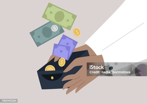 Money Rain Hands Holding A Wallet With Paper Currency And Metal Coins Stock Illustration - Download Image Now