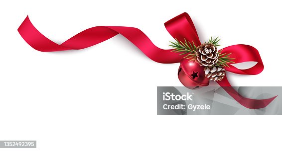 istock Decorative red bow, bell and pine cones with swirled ribbon and pine branches isolated on white background. 1352492395