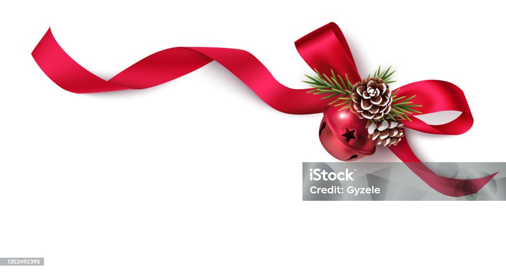 Decorative Red Bow Bell And Pine Cones With Swirled Ribbon And Pine  Branches Isolated On White Background Stock Illustration - Download Image  Now - iStock
