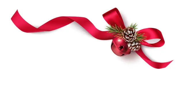 Vector illustration of Decorative red bow, bell and pine cones with swirled ribbon and pine branches isolated on white background.