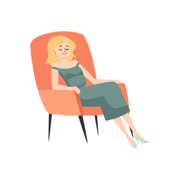 ilustrações de stock, clip art, desenhos animados e ícones de relaxed woman sits or sleeps in armchair, flat vector illustration isolated on white background. - cair no sofá