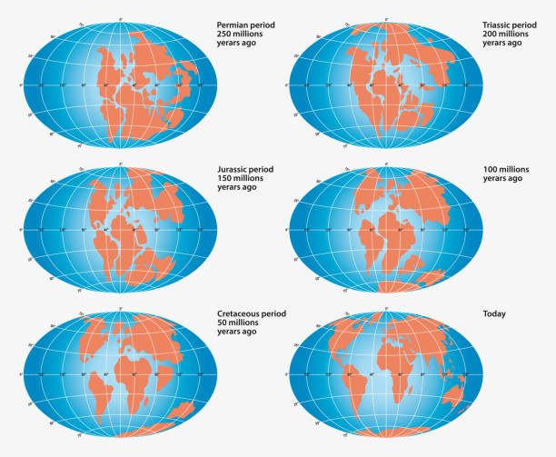 지구, 판게아, 로라시아, 곤드와나 대륙 표류, 오늘 - continents globe continent tectonic stock illustrations