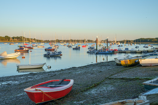 Various nautical vessels ranging from small rowing boats to larger yachts are seen in this view of Chichester Harbour in the late evening sun at low tide.