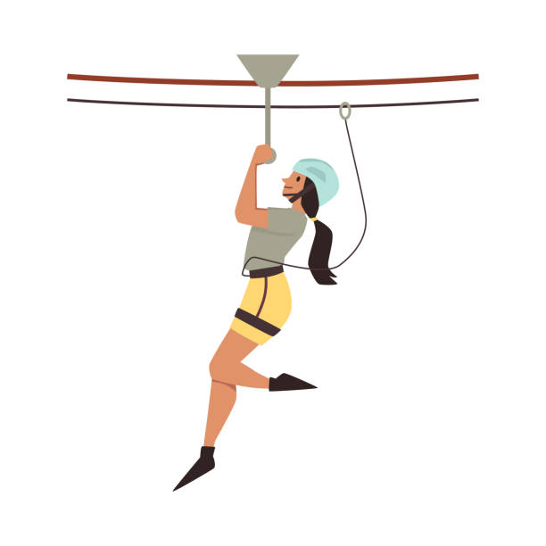 Woman overgoing zipline part of rope park, flat vector illustration isolated. Woman overgoing zipline part of rope park attraction, flat vector illustration isolated on white background. Rope park extreme sport and entertaining activity. zip line stock illustrations
