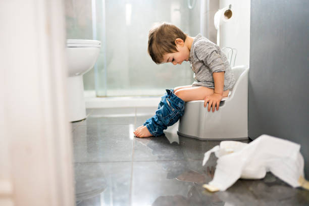 two year old boy on chamber pot, successfull hygiene stock photo