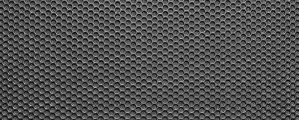 Photo of Perforated metal (chrome, steel, iron, silver) texture,  metallic backdrop, acoustic speaker grill surface with little round holes,  banner, Copy space for interior design background, wallpaper