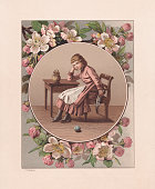 istock Thoughtful girl with knitting needles, chromolithograph, published in 1890 1352499876