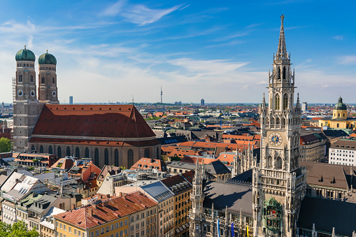 22 May 2019 Munich, Germany - Frauenkirche, gothic church with iconic domed towers. View from Peterskirche tower, panorama of Munich