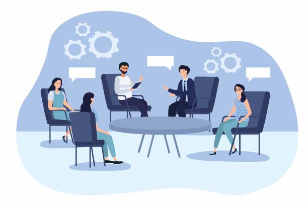 Collective in office Collective in office. Business meeting, board of directors discussing problems of company. Strategy, planning further development of organization, brainstorming. Cartoon flat vector illustration business meeting stock illustrations