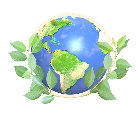 3d Earth planet and green leaves. Isolated on white background. Eco, bio, zero waste concept. Recycled carton material. Elements of this image furnished by NASA